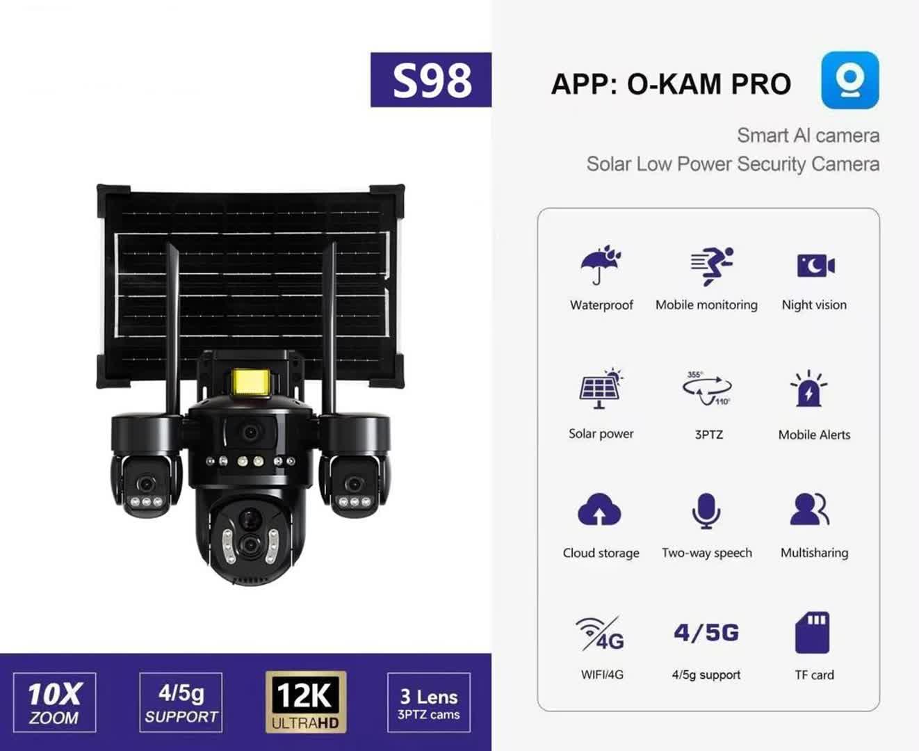 دوربین خورشیدی سیمکارتی مدل s98چرخشی اپلیکیشن اوکم_۳لنز موتورایز